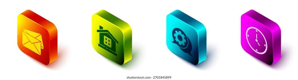 Establecer el sobre isométrico, la casa, el chat de la burbuja del discurso y el icono del reloj. Vector