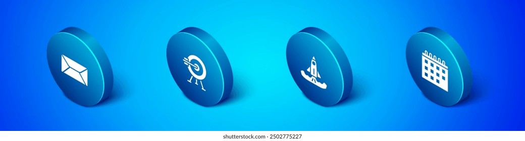 Set Isometric Envelope, Rocket, Calendar and Target with arrow icon. Vector