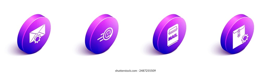 Establecer la configuración de Sobre isométrico, Correo y correo electrónico, Cuadro de correo e icono de configuración de Sobre. Vector