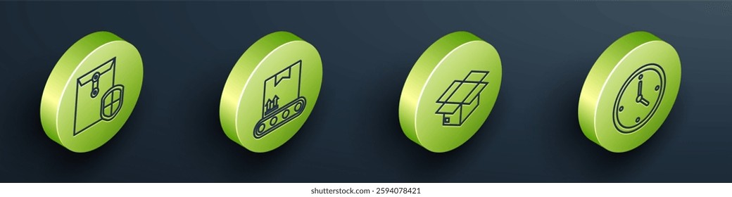 Set Isometric Envelope with shield, Conveyor belt with cardboard box, Carton cardboard box and Fast time delivery icon. Vector