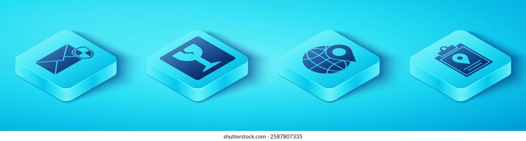 Set Isometric Envelope with shield, Fragile broken glass, Document tracking marker system and Location on the globe icon. Vector