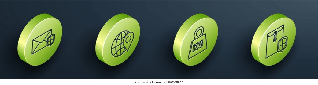 Set Isometric Envelope with shield, Location on the globe, Weight and Envelope with shield icon. Vector