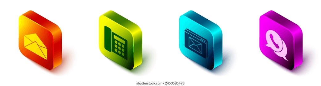 Set Isometric Envelope, Telephone, Website and envelope and Telephone with speech bubble chat icon. Vector