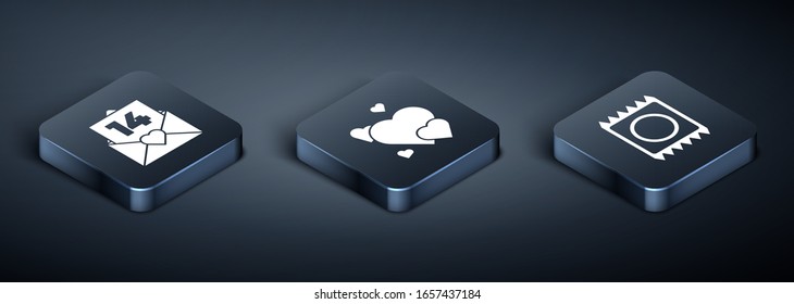 Coloque sobre isométrico con el corazón de San Valentín, el condón en el paquete e icono del corazón. Vector