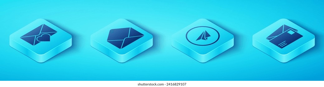 Set Isometric Envelope with Valentine heart, Envelope, Envelope and Paper plane icon. Vector
