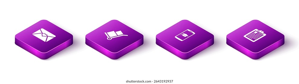 Definir Envelope Isométrico com coração de Valentim, Caminhão de mão e caixas, Boné de graduação no celular e ícone de cartão dental Clipboard. Vetor