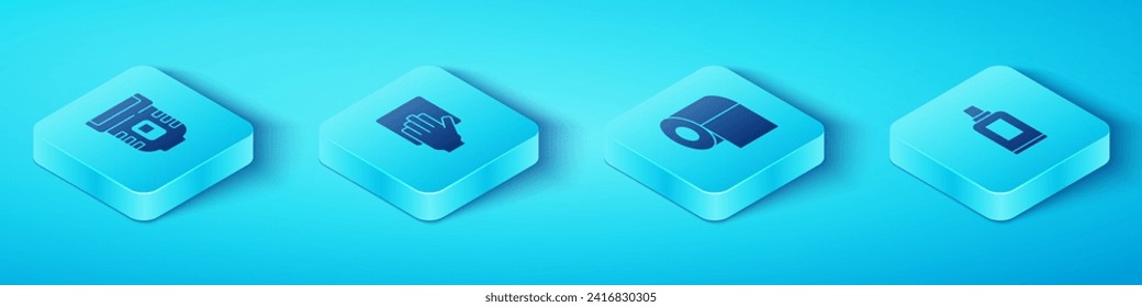 Set Isometric Epilator, Cleaning service, Bottle for cleaning agent and Toilet paper roll icon. Vector