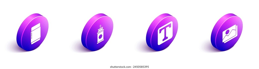 Set Isometric Eraser or rubber, Paint spray can, Text and Picture landscape icon. Vector