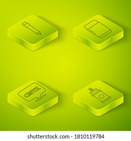 Set Isometric Eraser or rubber, Speech bubble with text CMYK, Paint spray can and Pencil with eraser icon. Vector