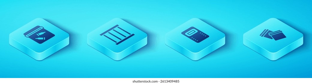 Set Isometric Evidence bag with bullet, Prison window, Plastic ziplock and Police assault shield icon. Vector