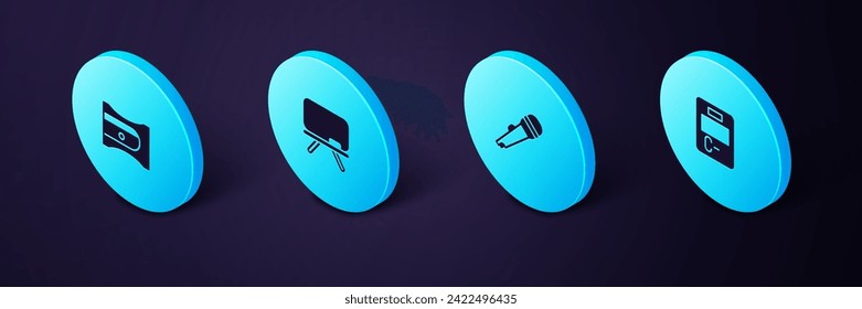 Set Isometric Exam paper with incorrect answers, Microphone, Chalkboard and Pencil sharpener icon. Vector