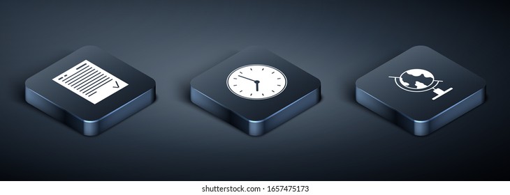 Ajuste la hoja de examen isométrico con marca de verificación, globo terrestre e icono de reloj. Vector