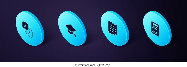 Set Isometric Exam sheet, Notebook, Graduation cap and Vocabulary icon. Vector