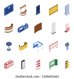 Set of isometric exhibition stands including display desks.