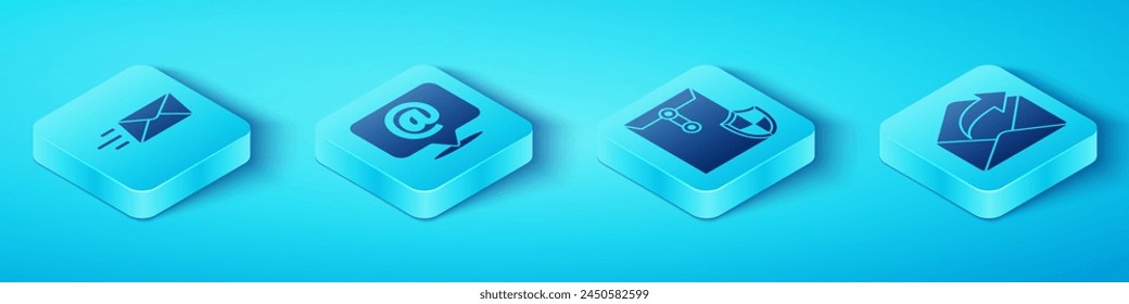 Set Isometric Express envelope, Mail and e-mail on speech bubble, Outgoing mail and Envelope with shield icon. Vector