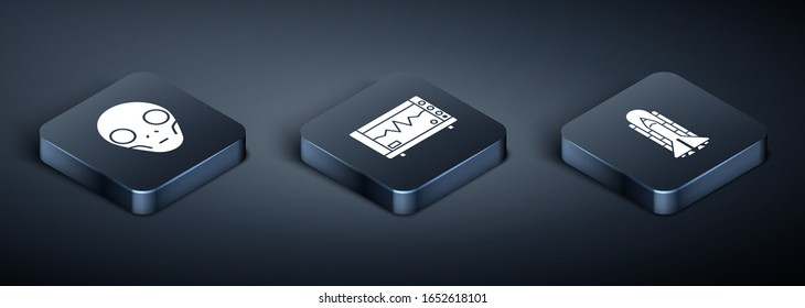 Set Isometric Extraterrestrial alien face, Space shuttle and rockets and Computer monitor with cardiogram icon. Vector