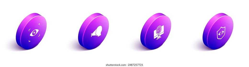 Set Isometric Eye scan, Face recognition, Monitor with fingerprint and Shield eye icon. Vector