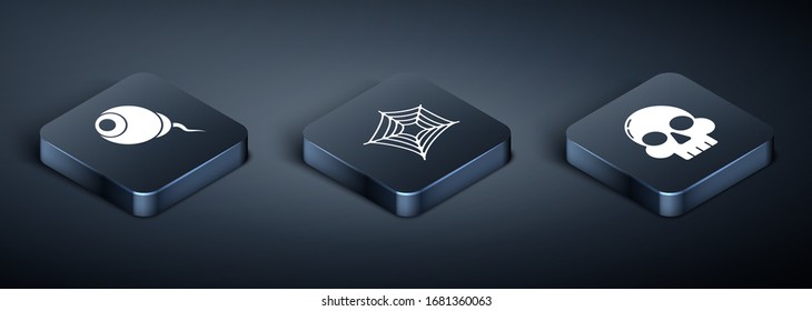 Set Isometric Eye , Skull  and Spider web  icon. Vector