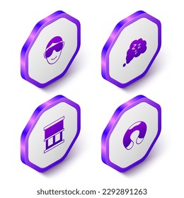 Set Isometric Eye sleep mask, Sleepy, Window with curtains and Travel neck pillow icon. Purple hexagon button. Vector