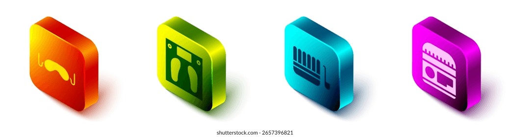 Conjunto de máscara de sueño de ojos isométricos, básculas de baño, cubo de sauna y cucharón y crema o loción icono de tubo cosmético. Vector