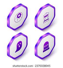 Set Isometric Eye, Tombstone with RIP written, Ghost and  icon. Purple hexagon button. Vector