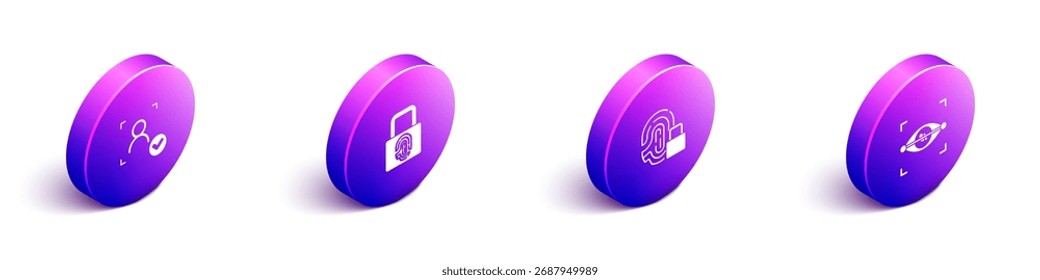 Establezca el reconocimiento isométrico de la cara, la huella dactilar con la cerradura, y el icono de la exploración del ojo. Vector