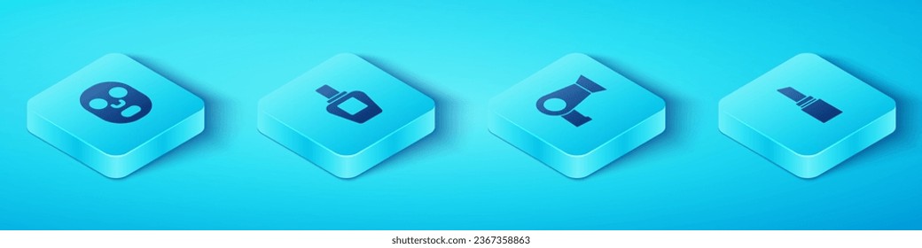 Set Isometric Facial cosmetic mask, Perfume, Lipstick and Hair dryer icon. Vector