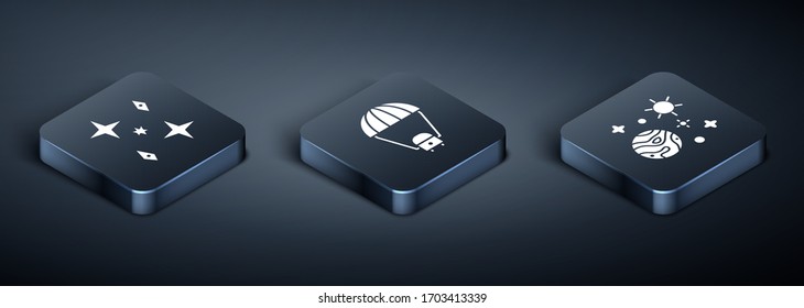 Set Isometric Falling stars, Space and planet and Space capsule and parachute icon. Vector