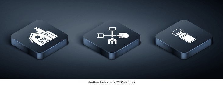 Set Isometric Farm House concept, Can container for milk and Shovel and rake icon. Vector