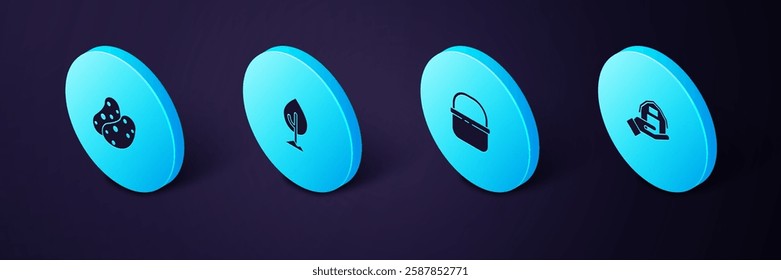 Set Isometric Farm house in hand, Basket, Tree and Potato icon. Vector