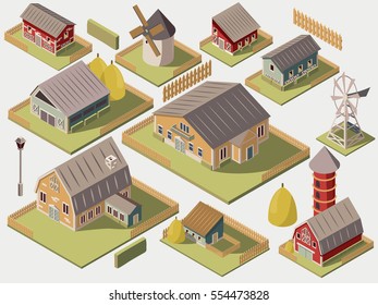 Set of isometric farms with mills barn and silo hay fence and street lamp isolated vector illustration