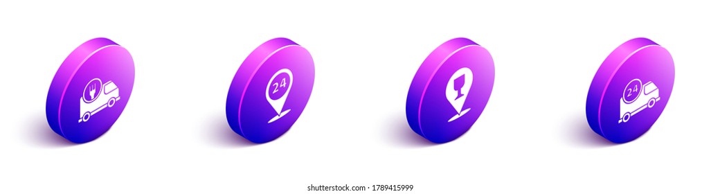 Set Isometric Fast delivery by car, Round the clock delivery, Alcohol or beer bar location and Fast delivery by car icon. Vector