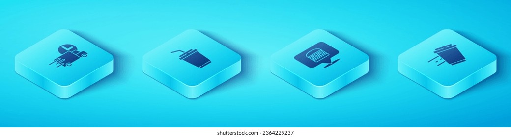 Ajuste la entrega rápida isométrica en coche, el vidrio de papel con agua, el vaso de café para ir y el icono de hamburguesa de pedidos online. Vector