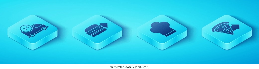 Set Isometric Fast delivery by car, Online ordering burger delivery, Online ordering pizza delivery and Chef hat icon. Vector