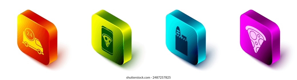 Set Isometric Fast delivery by car, Food ordering pizza, Shopping bag and food and Slice of pizza icon. Vector