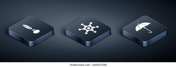 Set Isometric Feather and inkwell, Umbrella and Hexagram sheriff icon. Vector