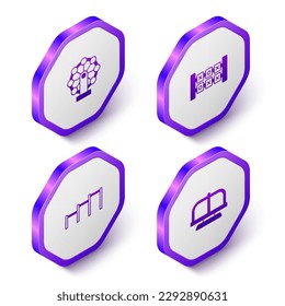Establece la rueda de la fortuna isométrica, juego de lógica de la educación, barra horizontal del deporte e icono del carrusel de la atracción. Botón hexágono púrpura. Vector