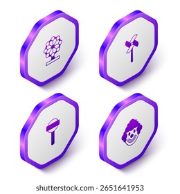 Set Isometric Ferris wheel, Pinwheel toy, Lollipop and Clown head icon. Purple hexagon button. Vector