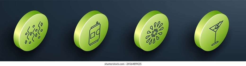 Set Isometric Festive confetti, Beer can, Firework and Martini glass icon. Vector