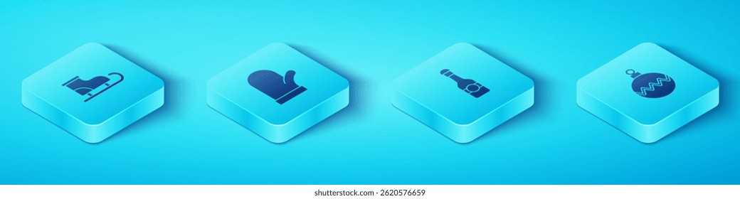 Set Isometric Figure skates, Christmas mitten, ball and Champagne bottle icon. Vector