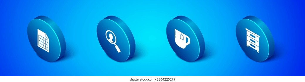 Set Isometric File document, Cup of tea with tea bag, Drawer documents and Magnifying glass for search people icon. Vector