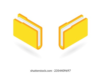 Set of isometric file folder with documents. 3d yellow folder icons for paper management, business project, database, paperwork, archive concept. Vector illustration isolated on white background