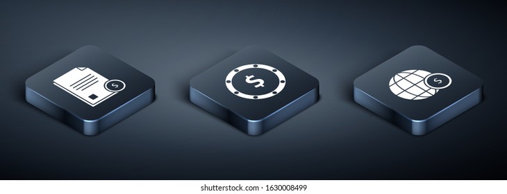 Set Isometric Finance document, Earth globe with dollar symbol and Coin money with dollar symbol icon. Vector