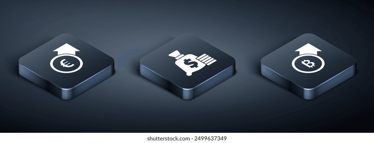 Set Isometric Financial growth and euro, bitcoin and Money bag icon. Vector