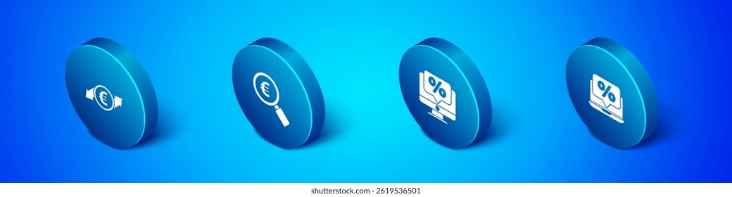 Set Isometric Financial growth and euro coin, Percent discount monitor, laptop and Magnifying glass icon. Vector