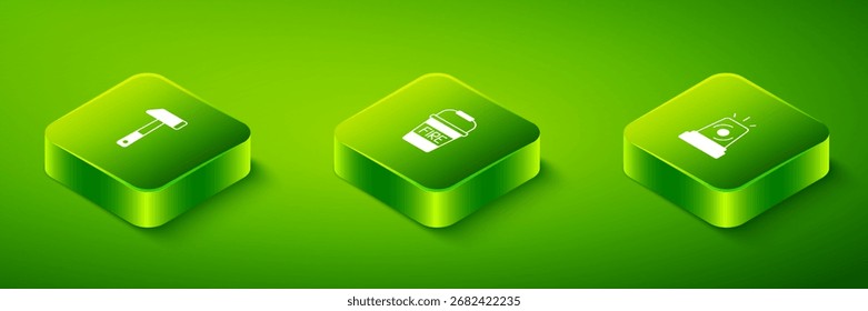 Set Isometric Fire bucket, Flasher siren and Hammer icon. Vector