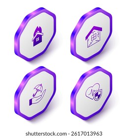 Set Isometric Fire in burning house, House, Umbrella hand and Life insurance with shield icon. Purple hexagon button. Vector