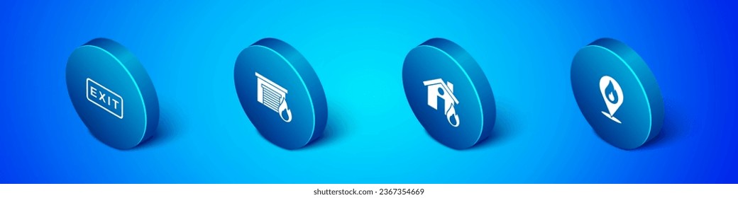 Set Isometric Fire exit, in burning house, Location with fire flame and garage icon. Vector