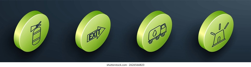 Set Isometric Fire extinguisher, Fire exit, Water delivery truck and Flasher siren icon. Vector