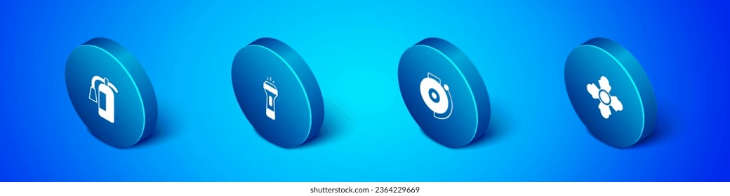 Set Isometric Fire extinguisher, Ringing alarm bell, Firefighter and Flashlight icon. Vector